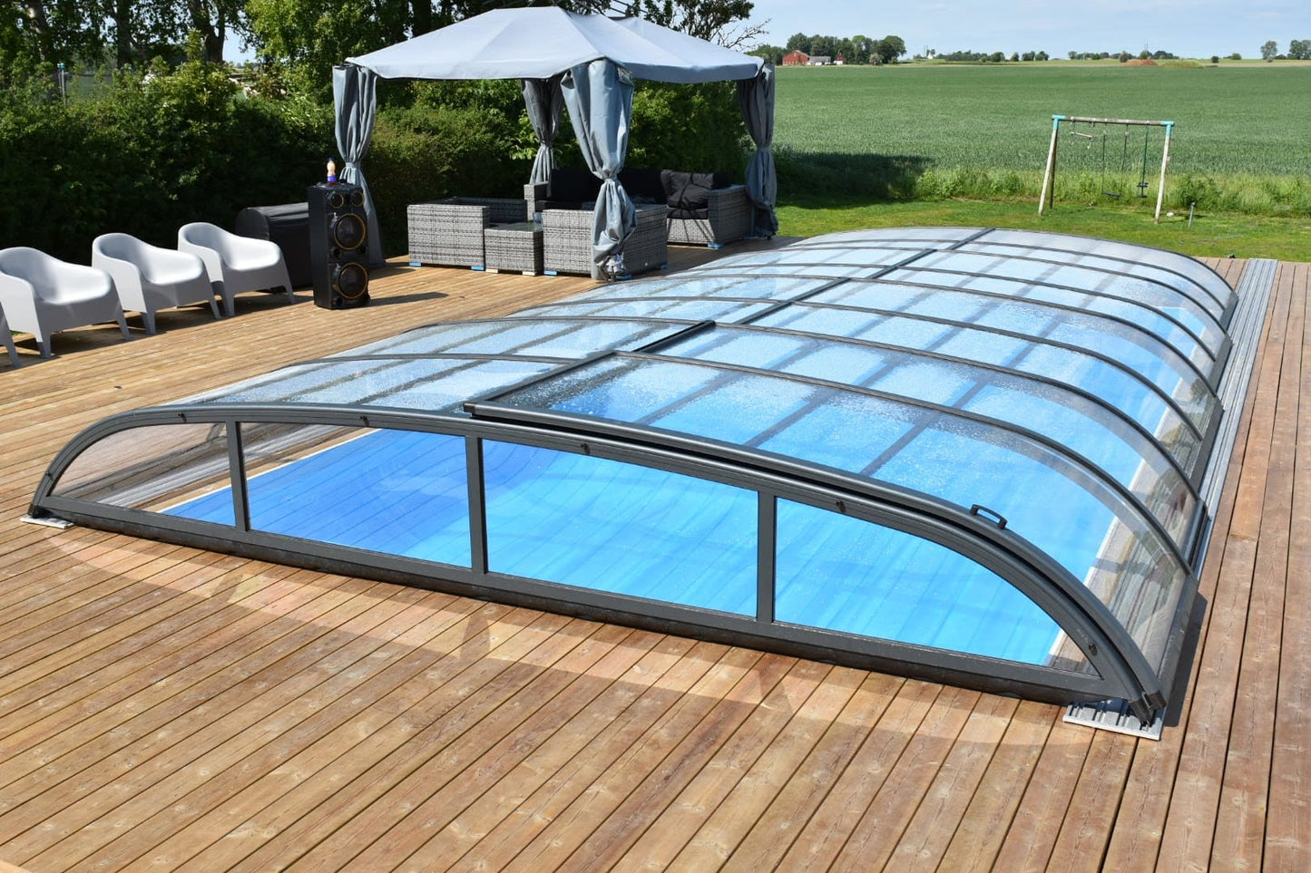 Pooloverdækning NIVO KIT 860MS BRED 4×8 (klart glas, sidedør)