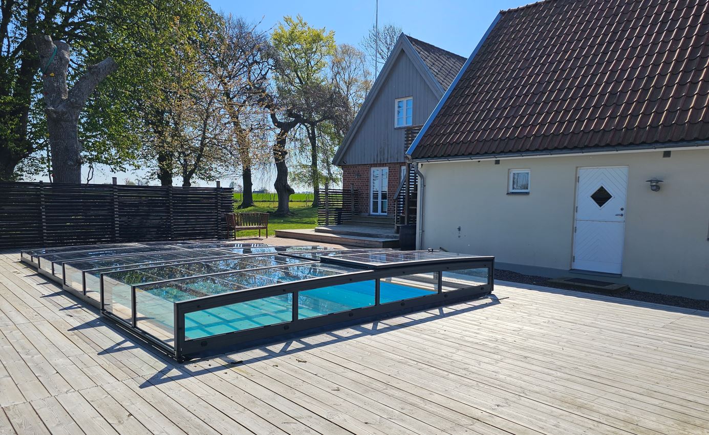 Pooloverdækning ICON KIT S2 4×8 (klart glas, sidedør, enkelt skinne, antracit)